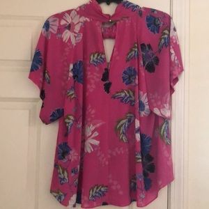 Rachel Roy Floral Twist Neck Button Back V-Neck Short Sleeve Blouse Plus 3X